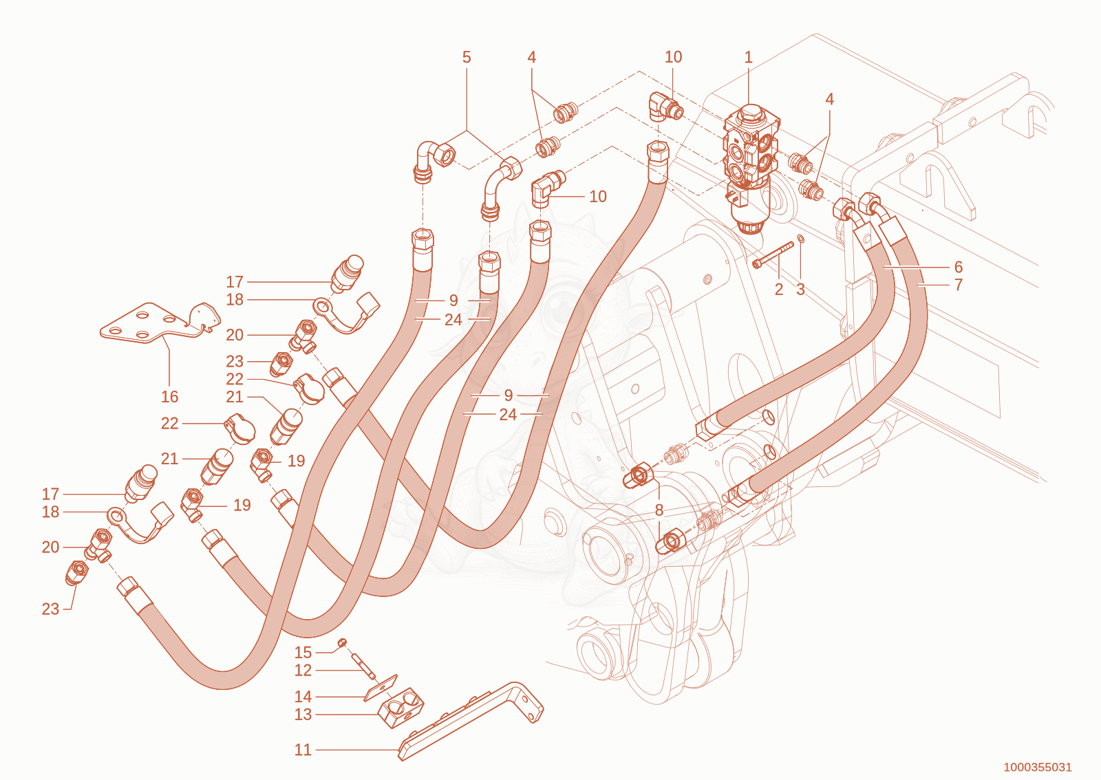 Exploded parts diagram of the Additional hydraulic circuit ahead of a Wacker Neuson TH744(416-12), with numbered balloons