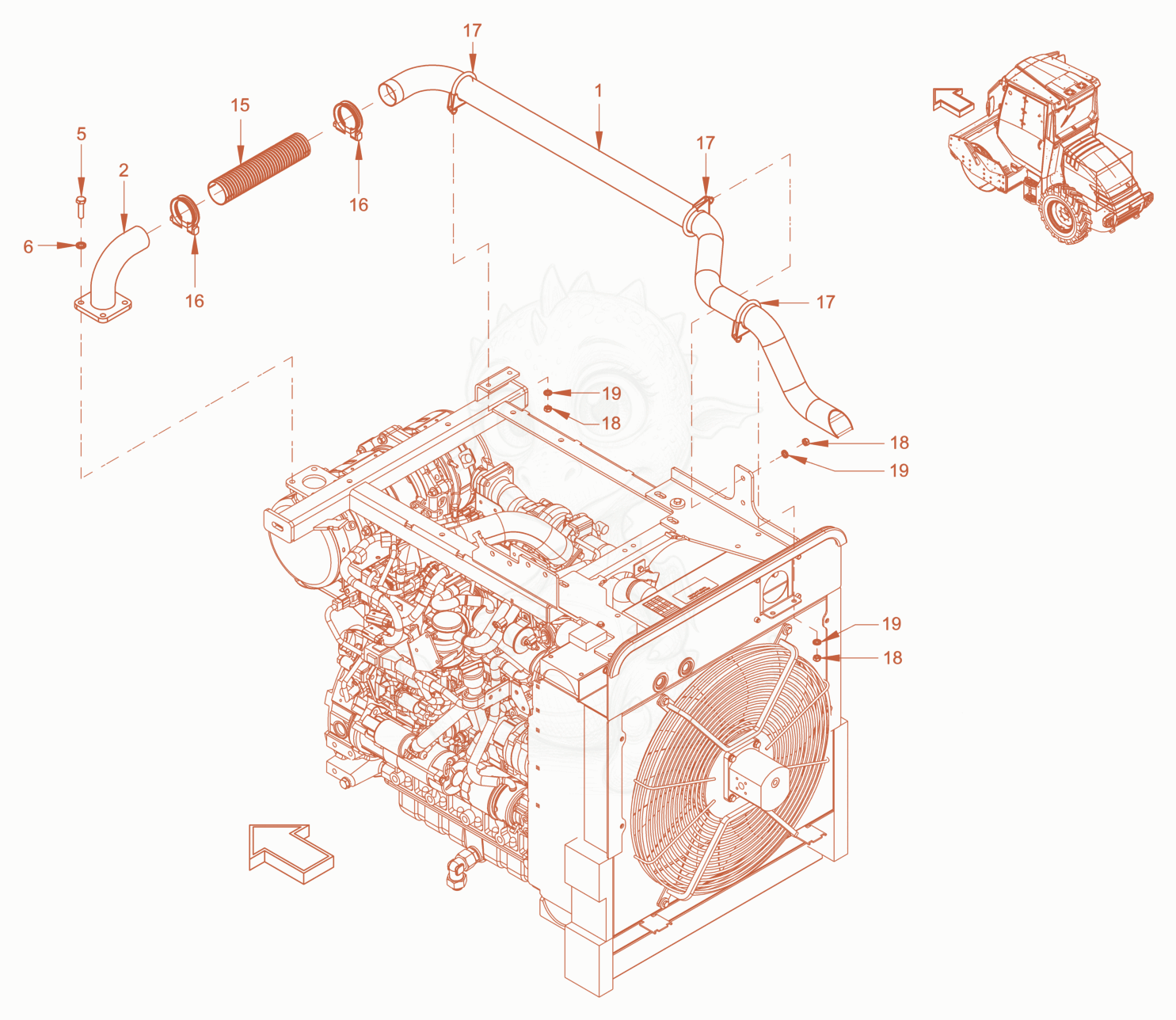 Exploded parts diagram of the exhaust system of a Wacker Neuson RC50PDPFROPS, with numbered balloons