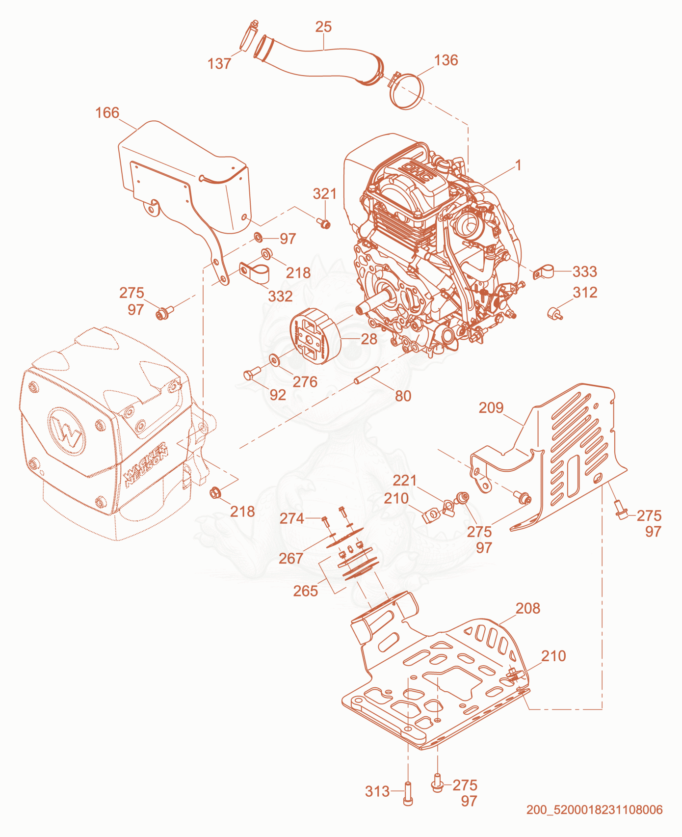 Exploded parts diagram of the Engine Guarding of a Wacker Neuson BS60-4AS, with numbered balloons