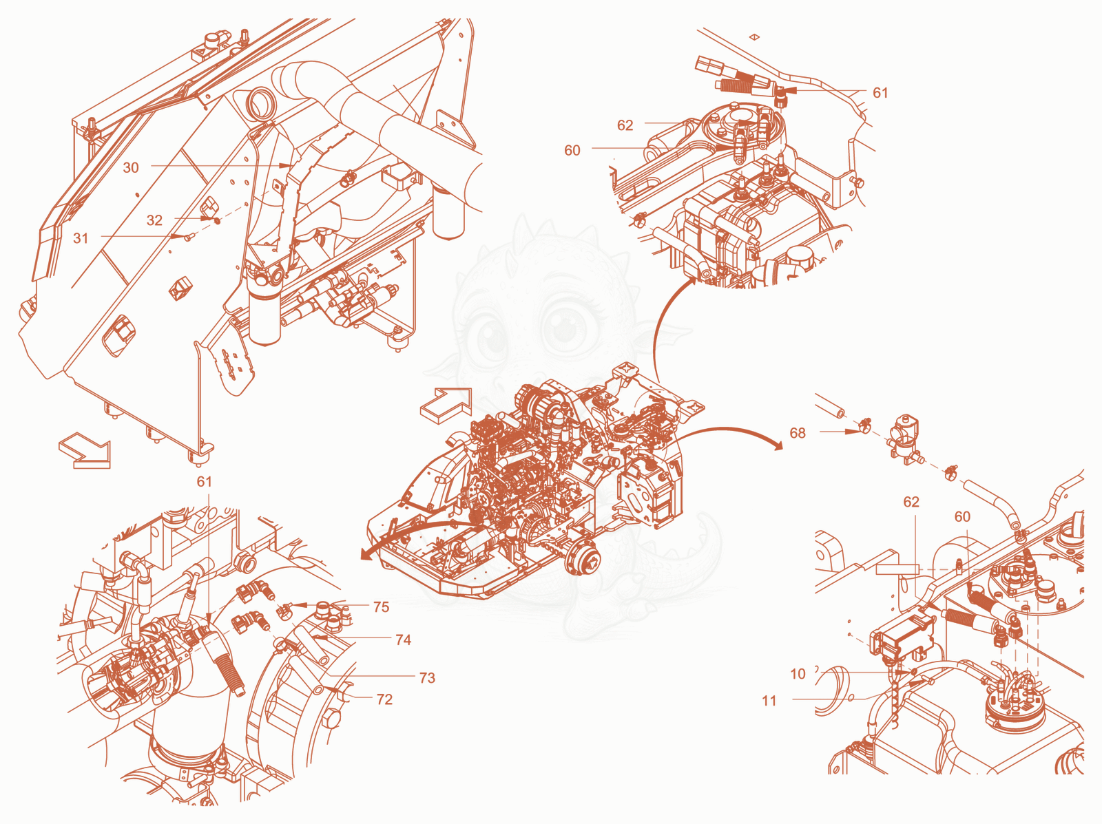 Exploded parts diagram of the exhaust aftertreatment of a Wacker Neuson RC110PUSCAB, with numbered balloons