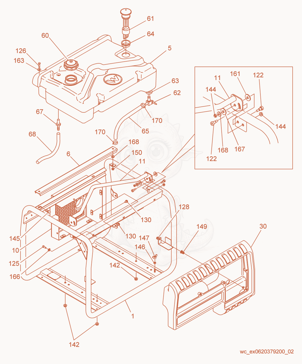 Exploded parts diagram of the Fuel Tank/Control Box/Frame of a Wacker Neuson GP3800A, with numbered balloons