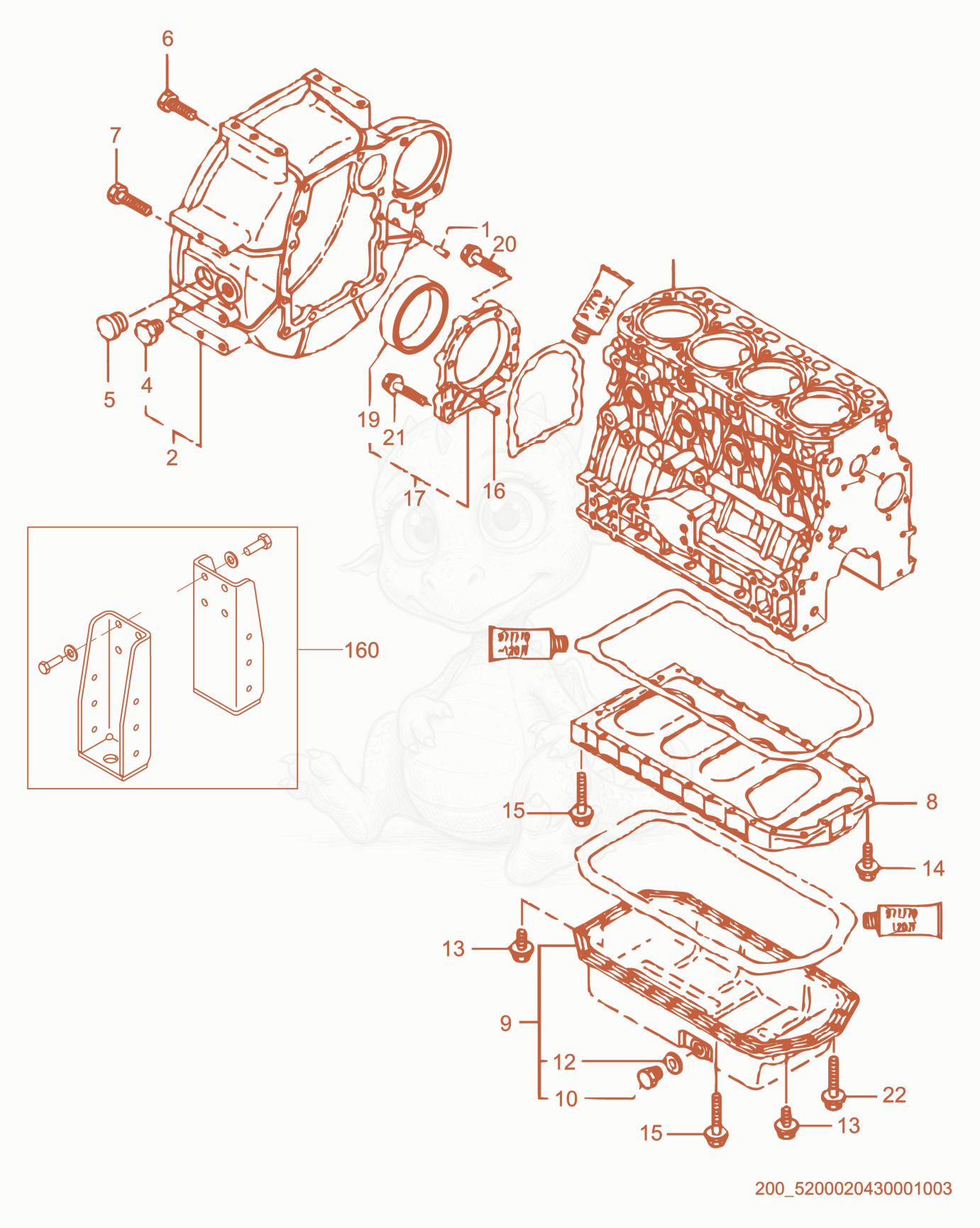 Despiece del Flywheel/Oil Pan de una máquina Wacker Neuson APT4SCW, con globos numerados