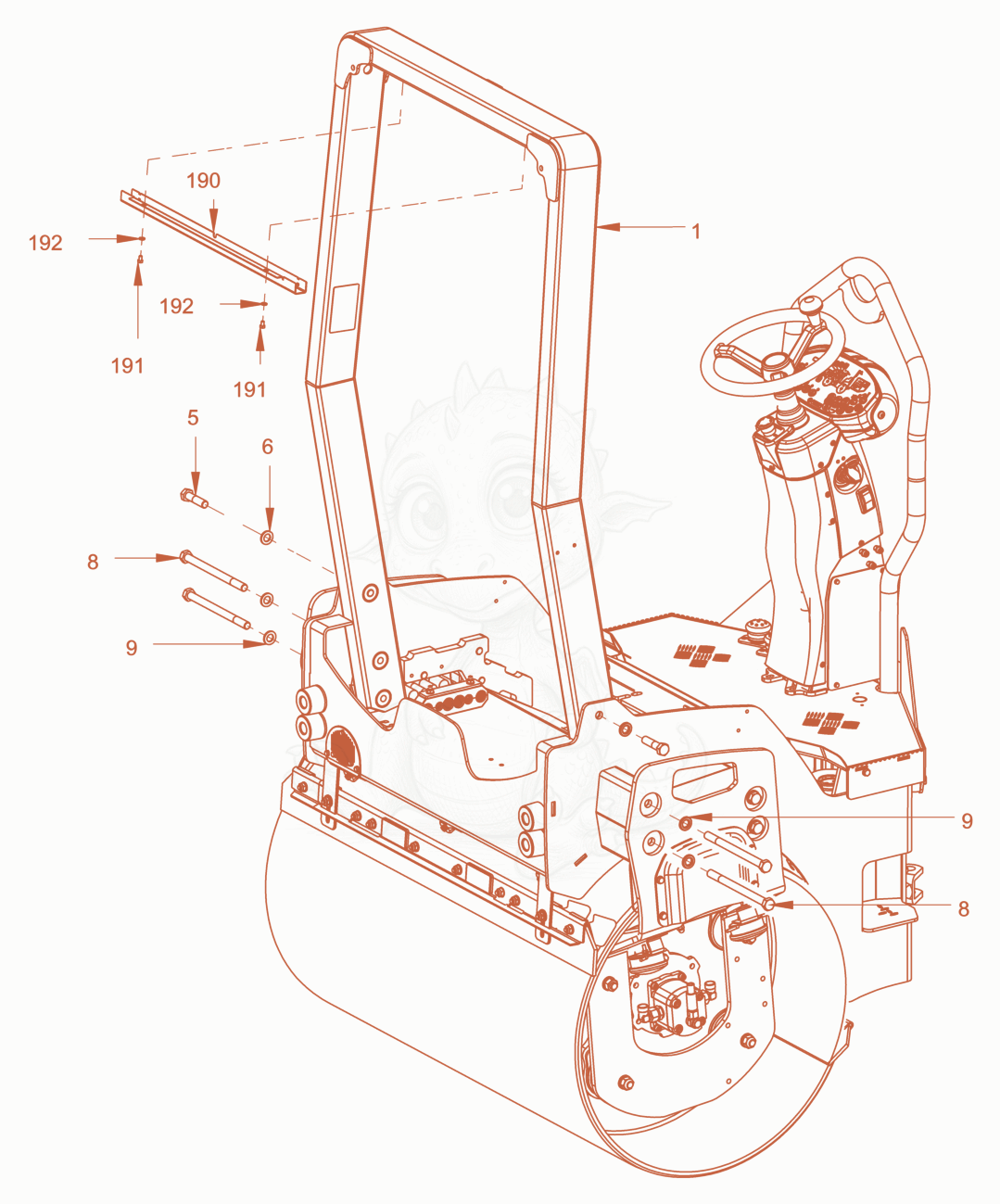 Exploded parts diagram of the rigid roll over protection of a Wacker Neuson RD28-120DPF, with numbered balloons