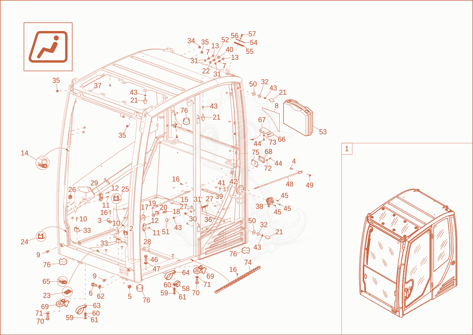 Exploded parts diagram of the CABIN FRAME of a Wacker Neuson ET65, with numbered balloons