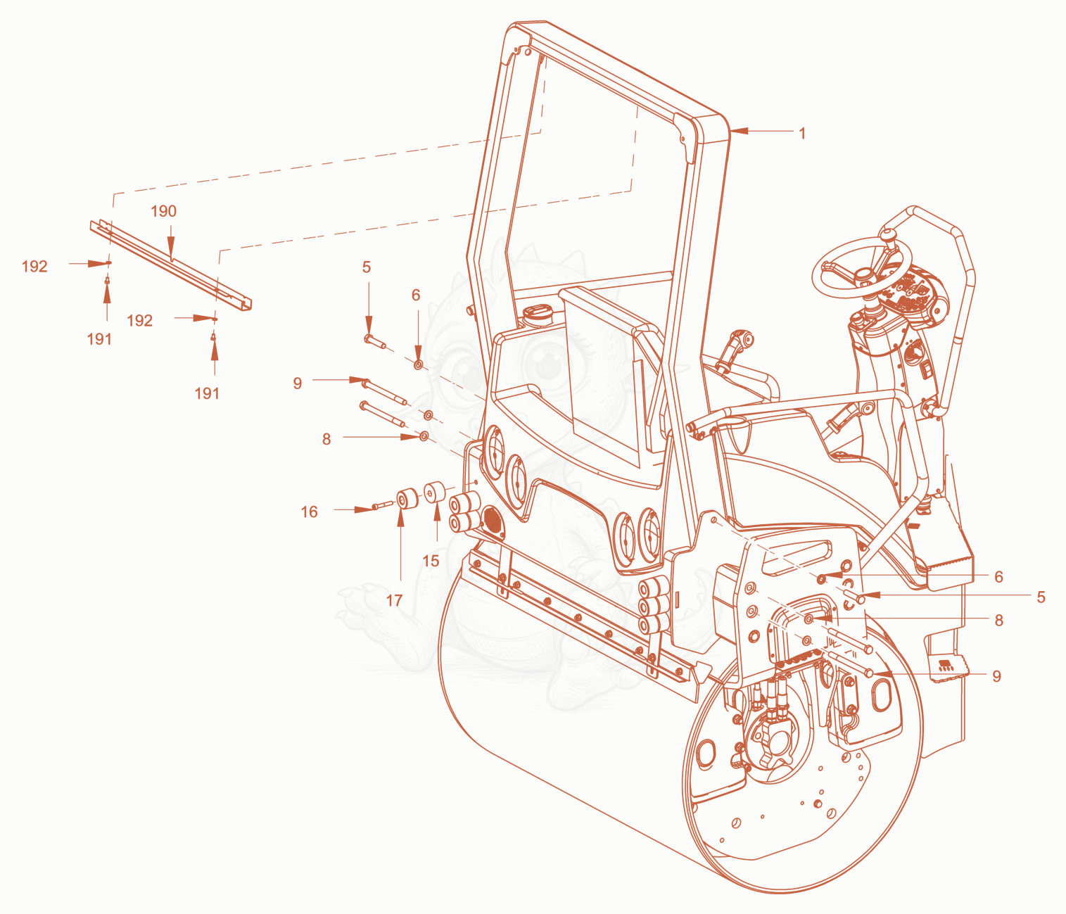 Exploded parts diagram of the rigid roll over protection of a Wacker Neuson RD45-140, with numbered balloons