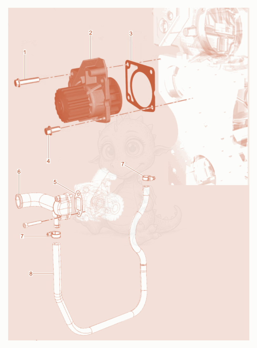 Despiece del Water Pump de una máquina Wacker Neuson DPU90LEM770, con globos numerados