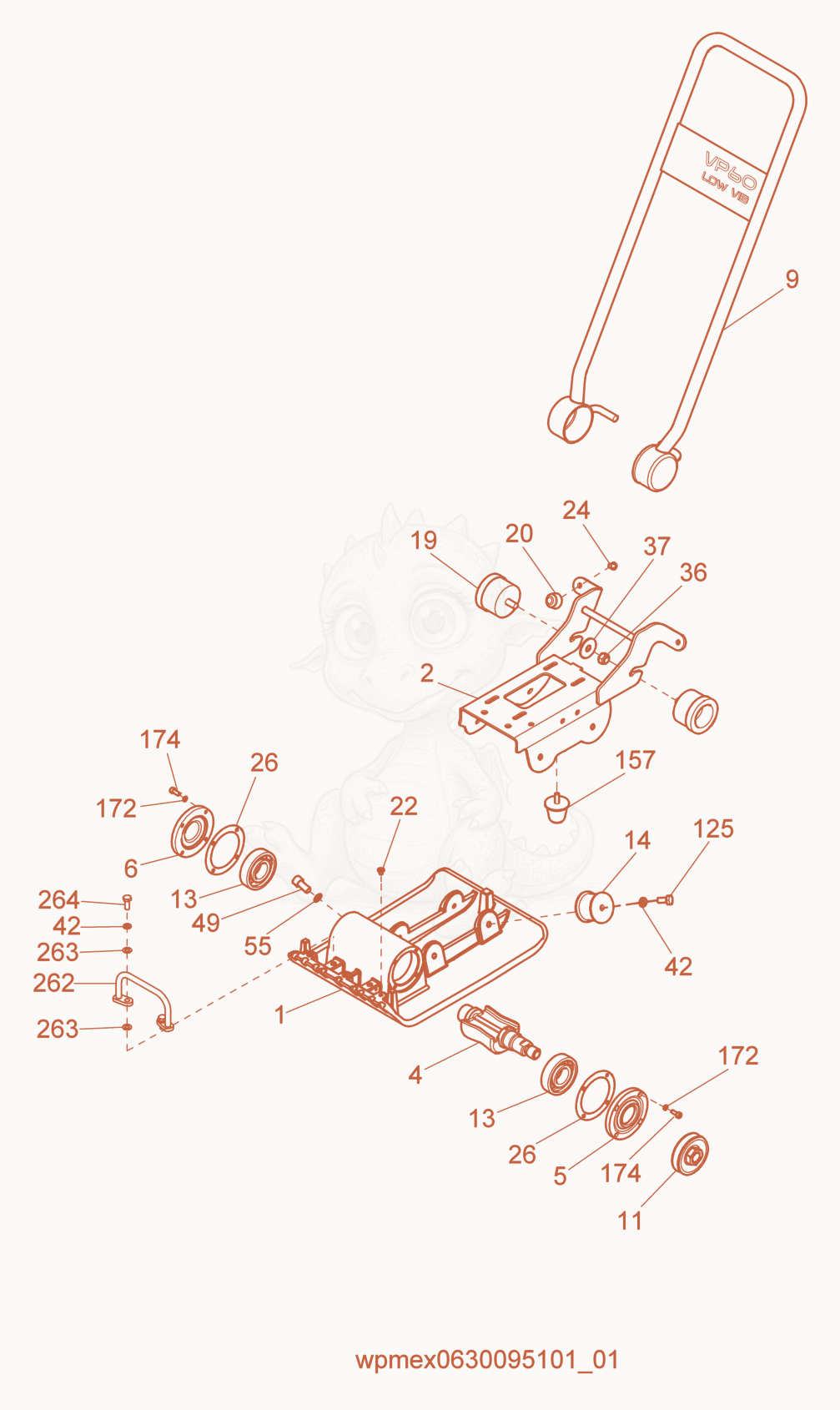Despiece del Baseplate/Console cpl. de una máquina Wacker Neuson VP60HW, con globos numerados