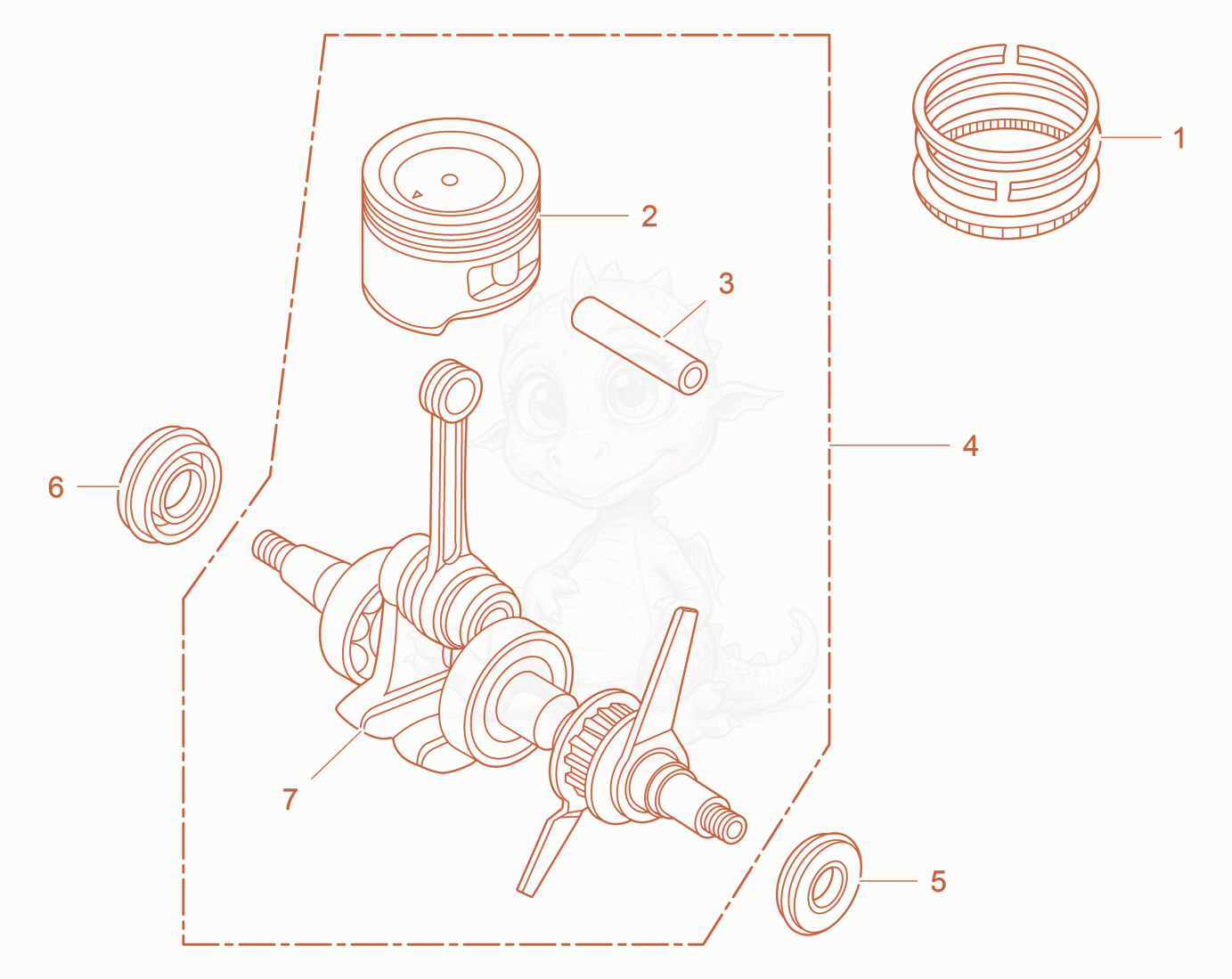 Exploded parts diagram of the Crankshaft/Piston of a Wacker Neuson P35A, with numbered balloons