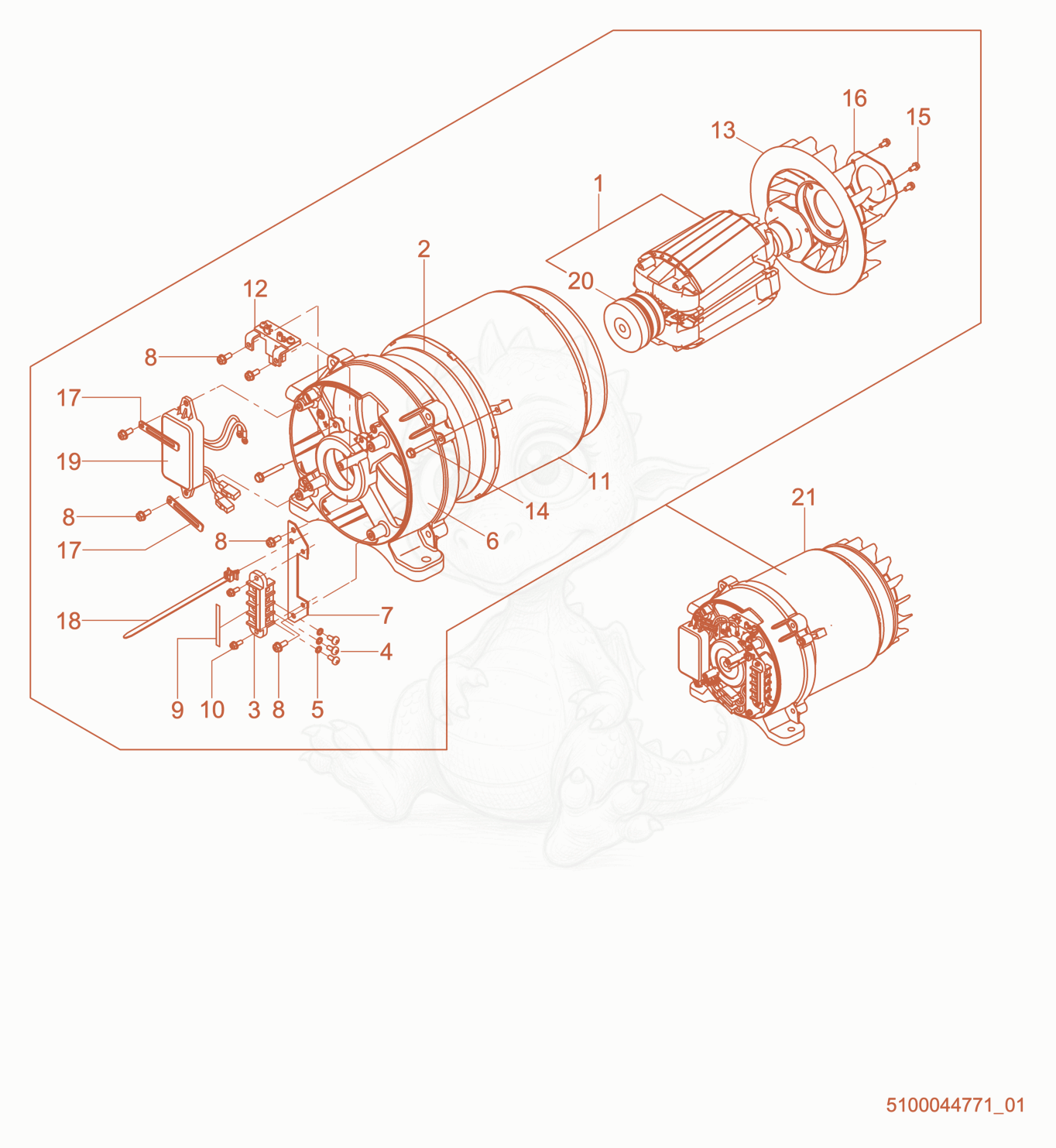 Exploded parts diagram of the Rotor & Stator of a Wacker Neuson GPS9700A, with numbered balloons