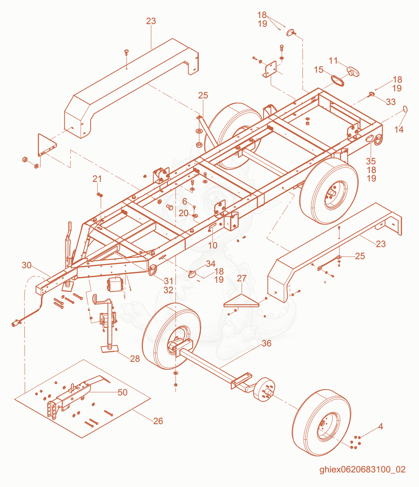 Exploded parts diagram of the Trailer Frame w/Surge Brake Tandem Axle of a Wacker Neuson TRAILER-CUB700GM, with numbered balloons