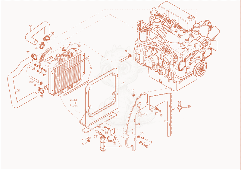Exploded parts diagram of the water cooler of a Wacker Neuson 2702RD, with numbered balloons