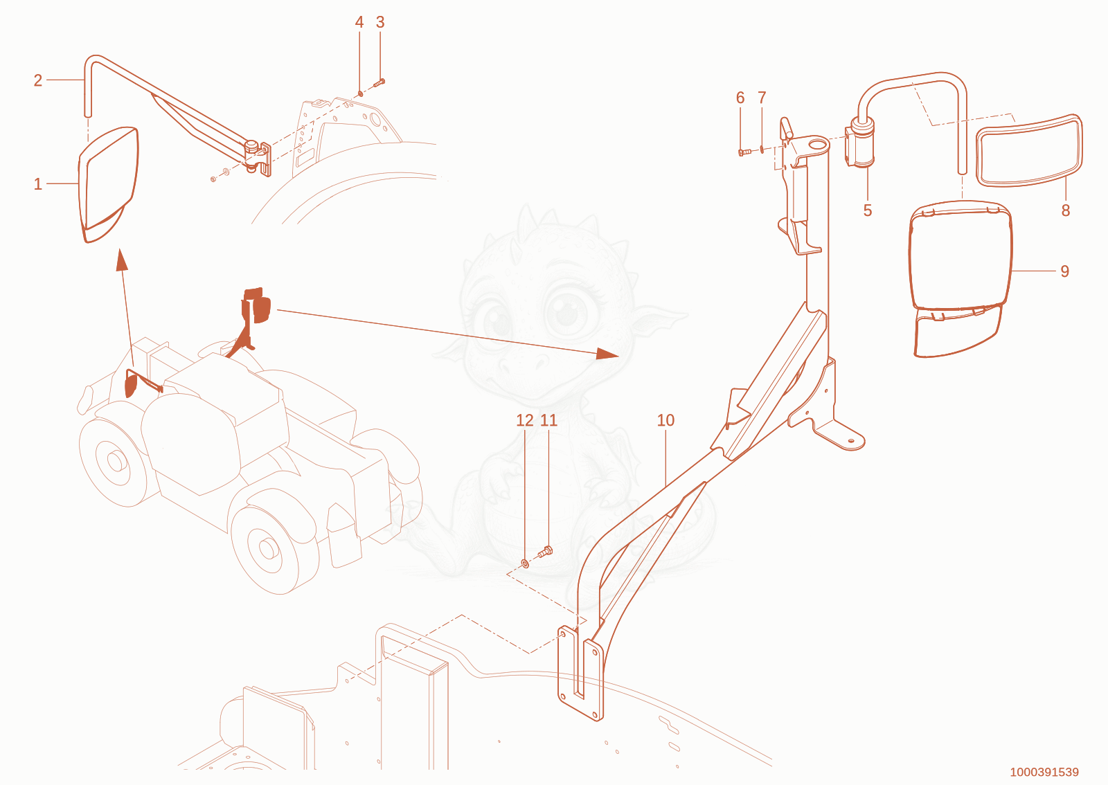 Exploded parts diagram of the rearview mirror of a Wacker Neuson TH735(415-36), with numbered balloons