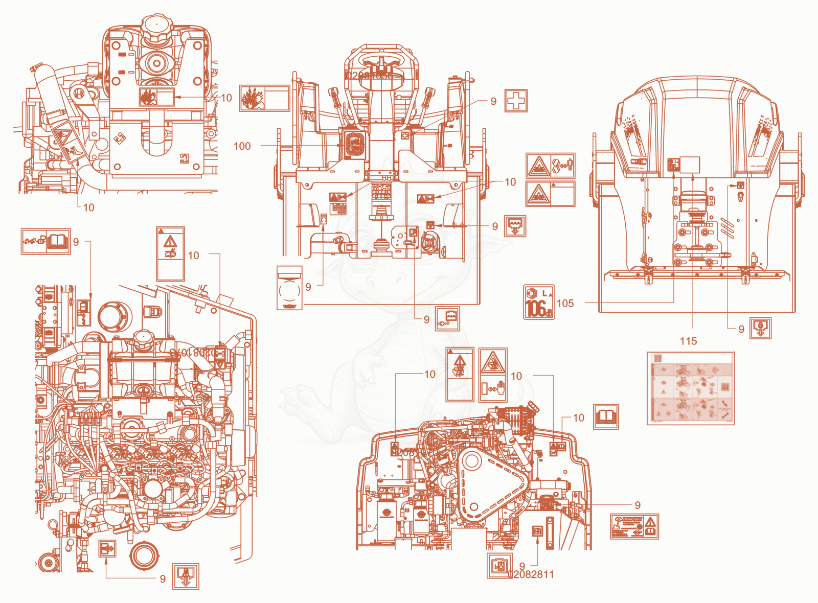 Exploded parts diagram of the sticker arrangement of a Wacker Neuson RD40-130, with numbered balloons