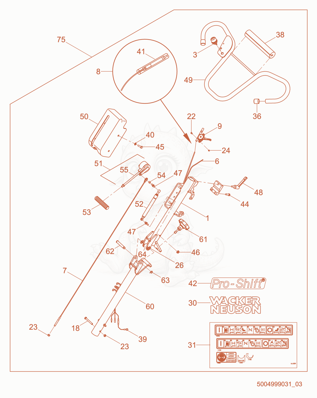 Exploded parts diagram of the Handle-Folding, Adjustable, Pro-Shift® of a Wacker Neuson CT36-9-V, with numbered balloons