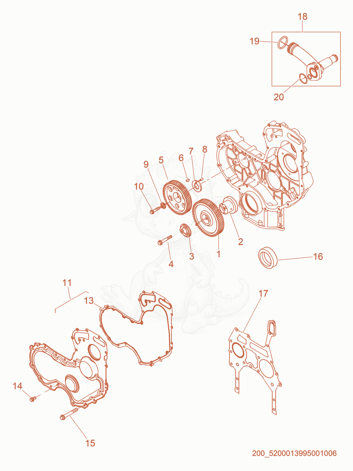 Despiece del Timing Cover de una máquina Wacker Neuson G40, con globos numerados