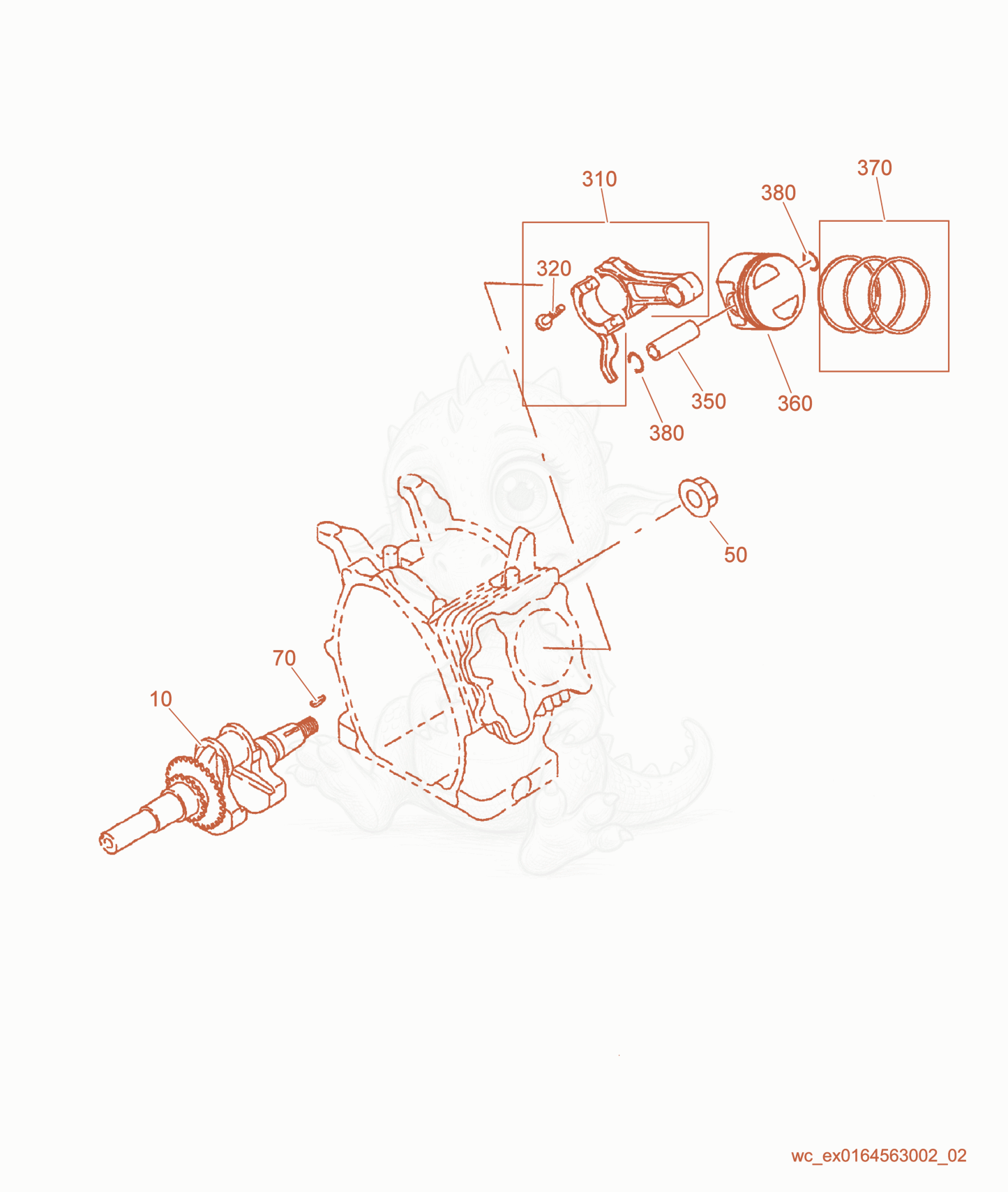 Despiece del Crankshaft/Piston de una máquina Wacker Neuson GP2600, con globos numerados