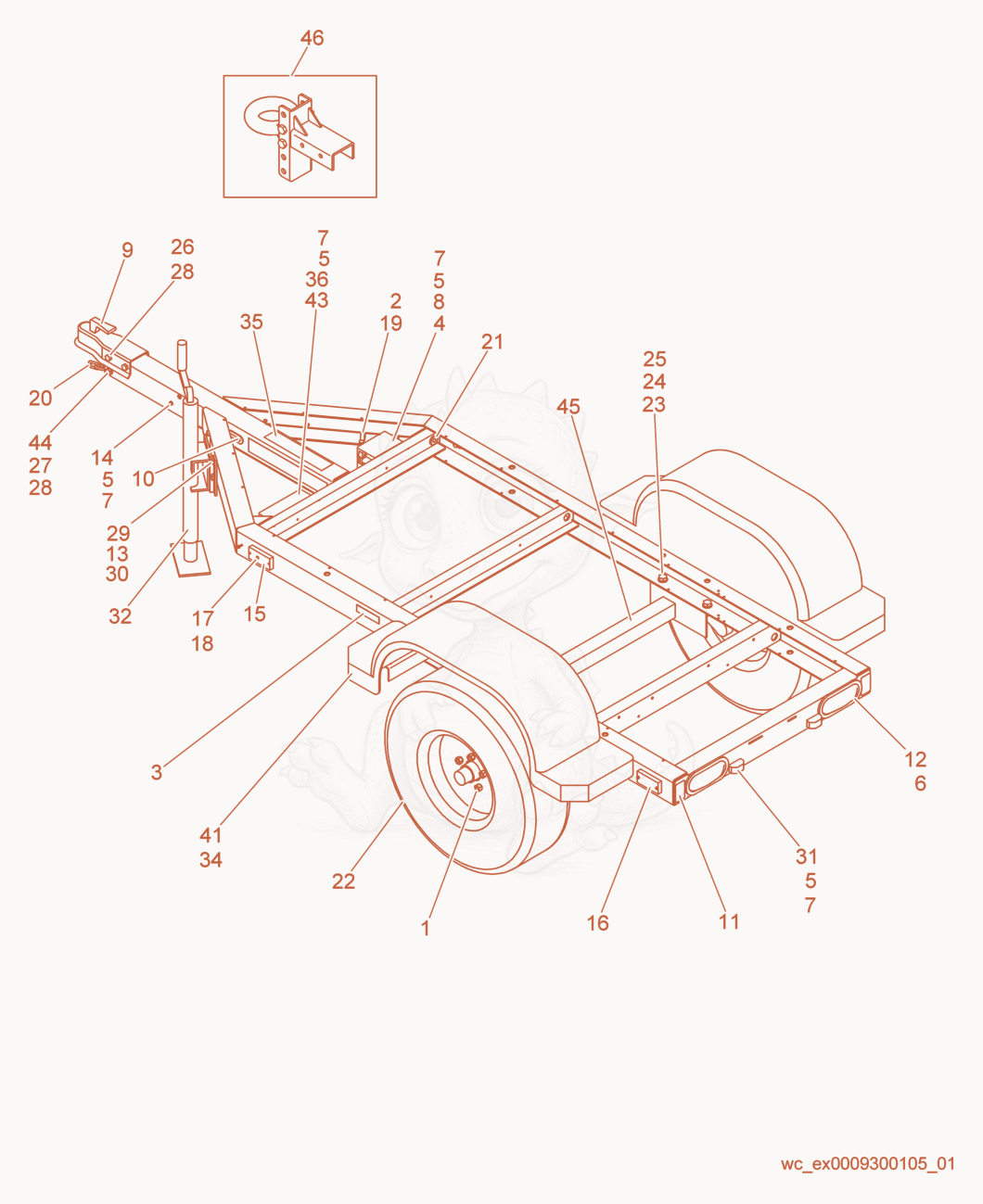 Exploded parts diagram of the Trailer Frame w/Electric Brake of a Wacker Neuson MGT1E, with numbered balloons