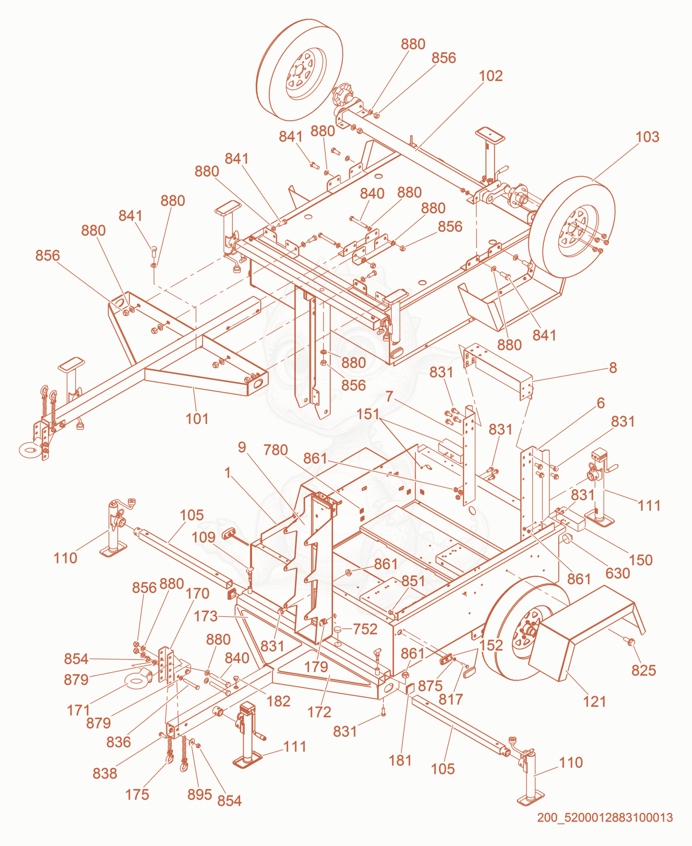 Exploded parts diagram of the Trailer cpl. of a Wacker Neuson LTW6K-V, with numbered balloons