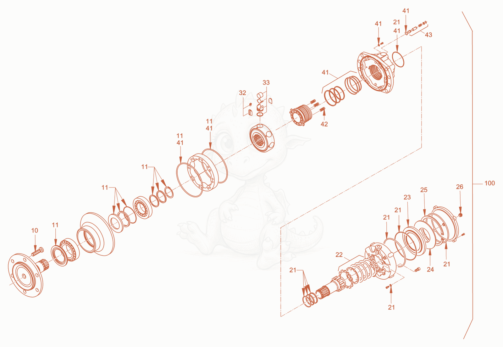 Exploded parts diagram of the gear hub motor of a Wacker Neuson RC50DPFCAB, with numbered balloons