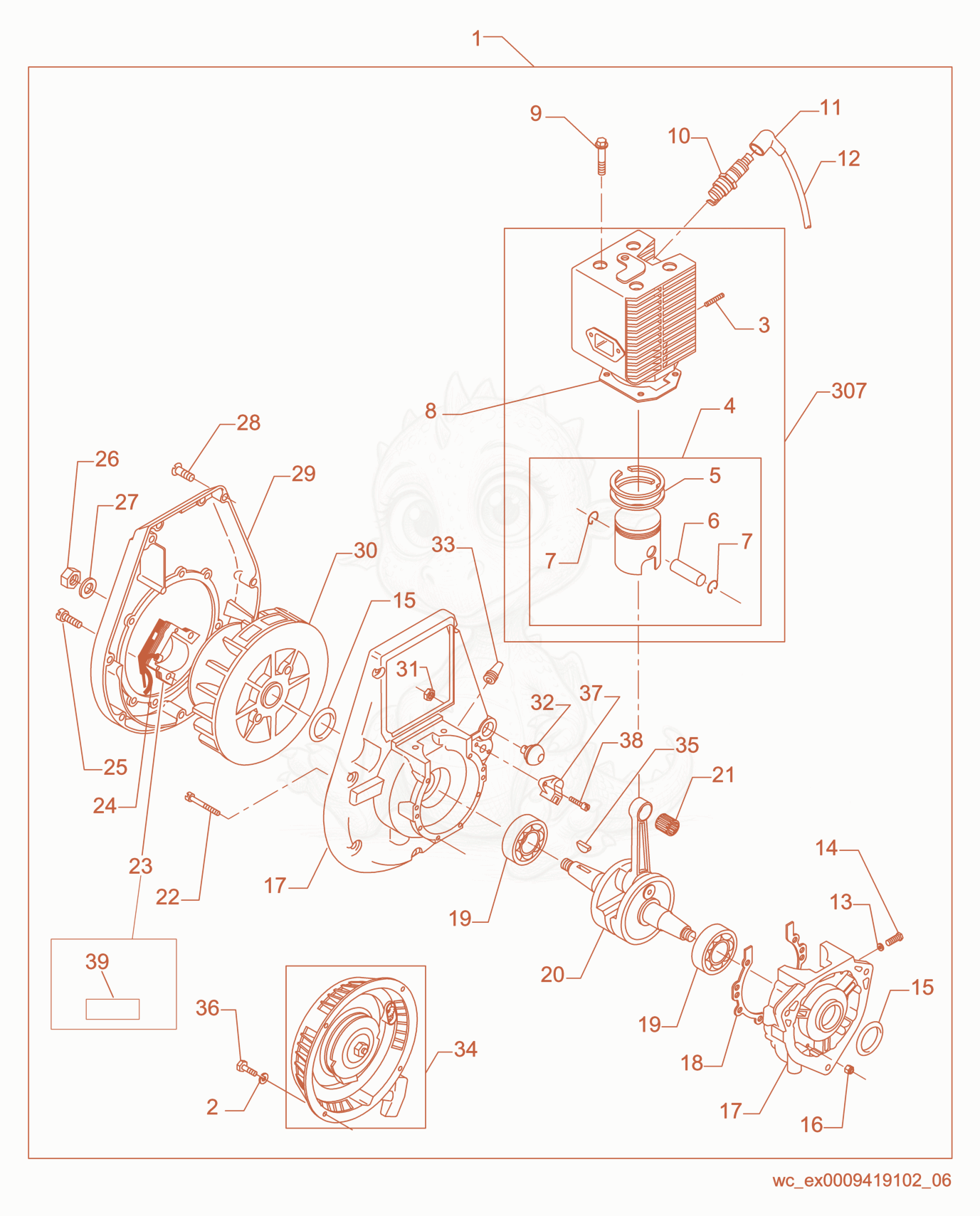 Despiece del Engine-WM 80 de una máquina Wacker Neuson BS50-2I, con globos numerados