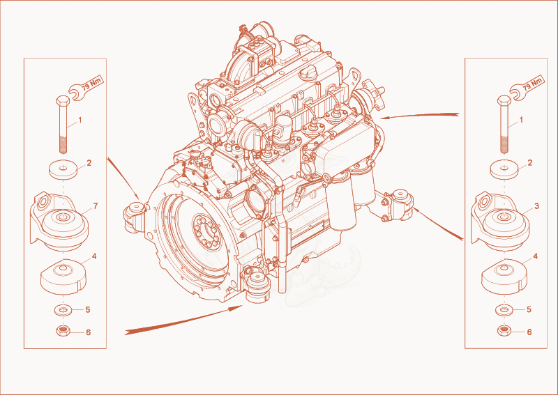 Exploded parts diagram of the Engine bedding of a Wacker Neuson 14504, with numbered balloons