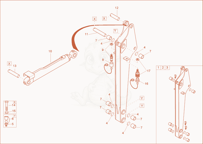 Exploded parts diagram of the dipperstick of a Wacker Neuson 1402PRIMUSFORCE, with numbered balloons