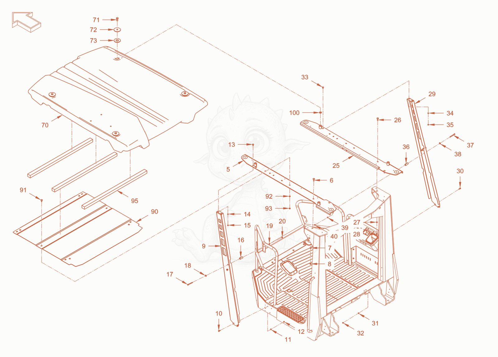 Exploded parts diagram of the canopy, FOPS of a Wacker Neuson RC110ROPS, with numbered balloons