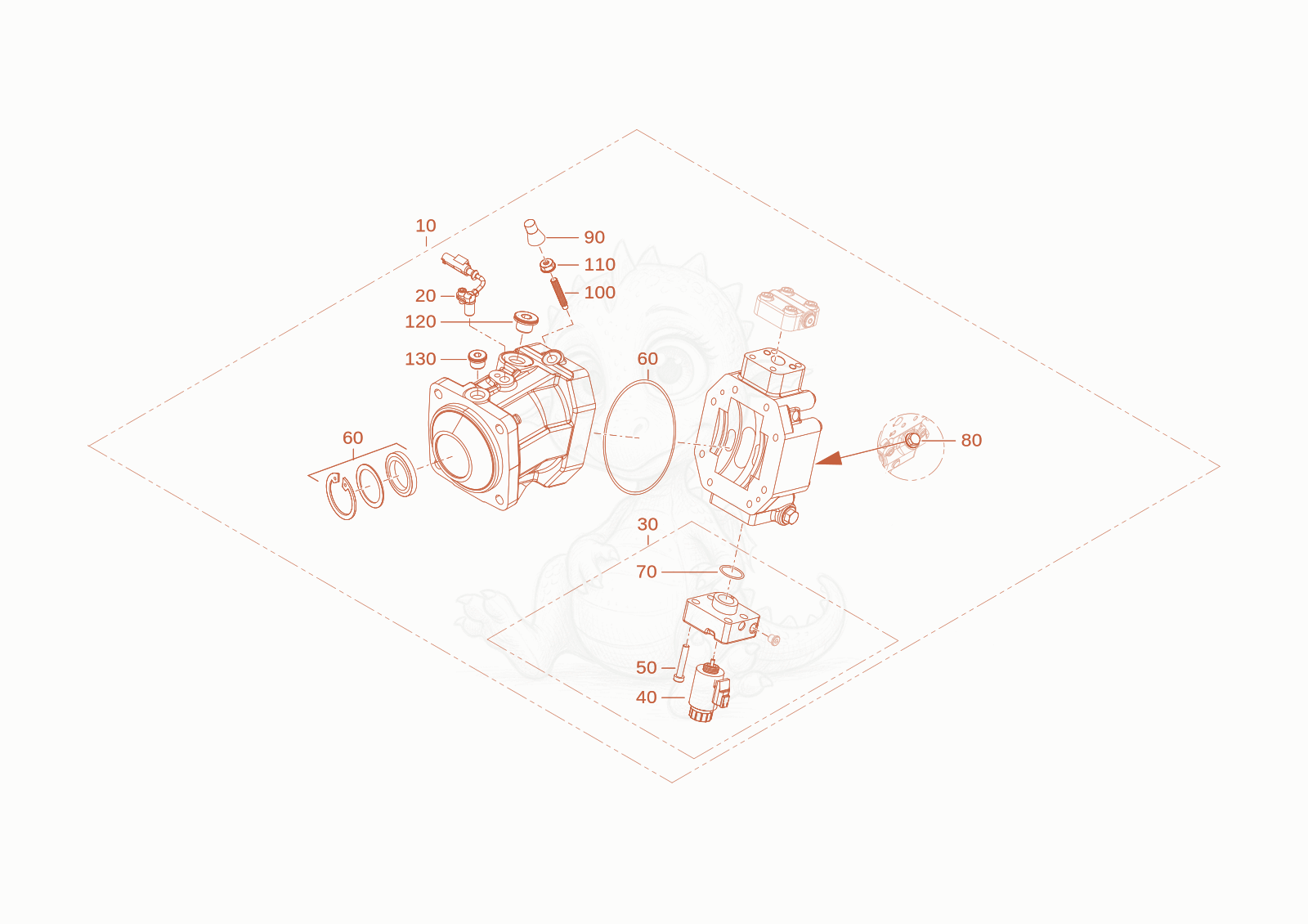 Exploded parts diagram of the displacement motor of a Wacker Neuson TH412(T01-01), with numbered balloons