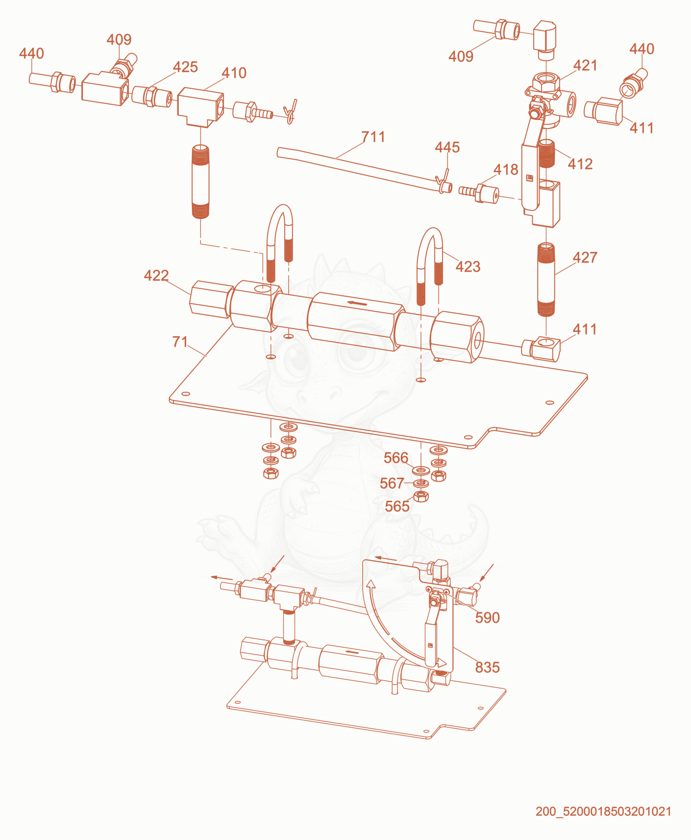 Exploded parts diagram of the Fuel heater of a Wacker Neuson HI260, with numbered balloons