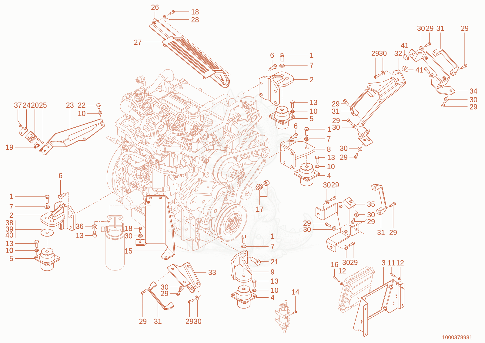 Despiece del Engine bedding de una máquina Wacker Neuson WL95(WRL90-00), con globos numerados