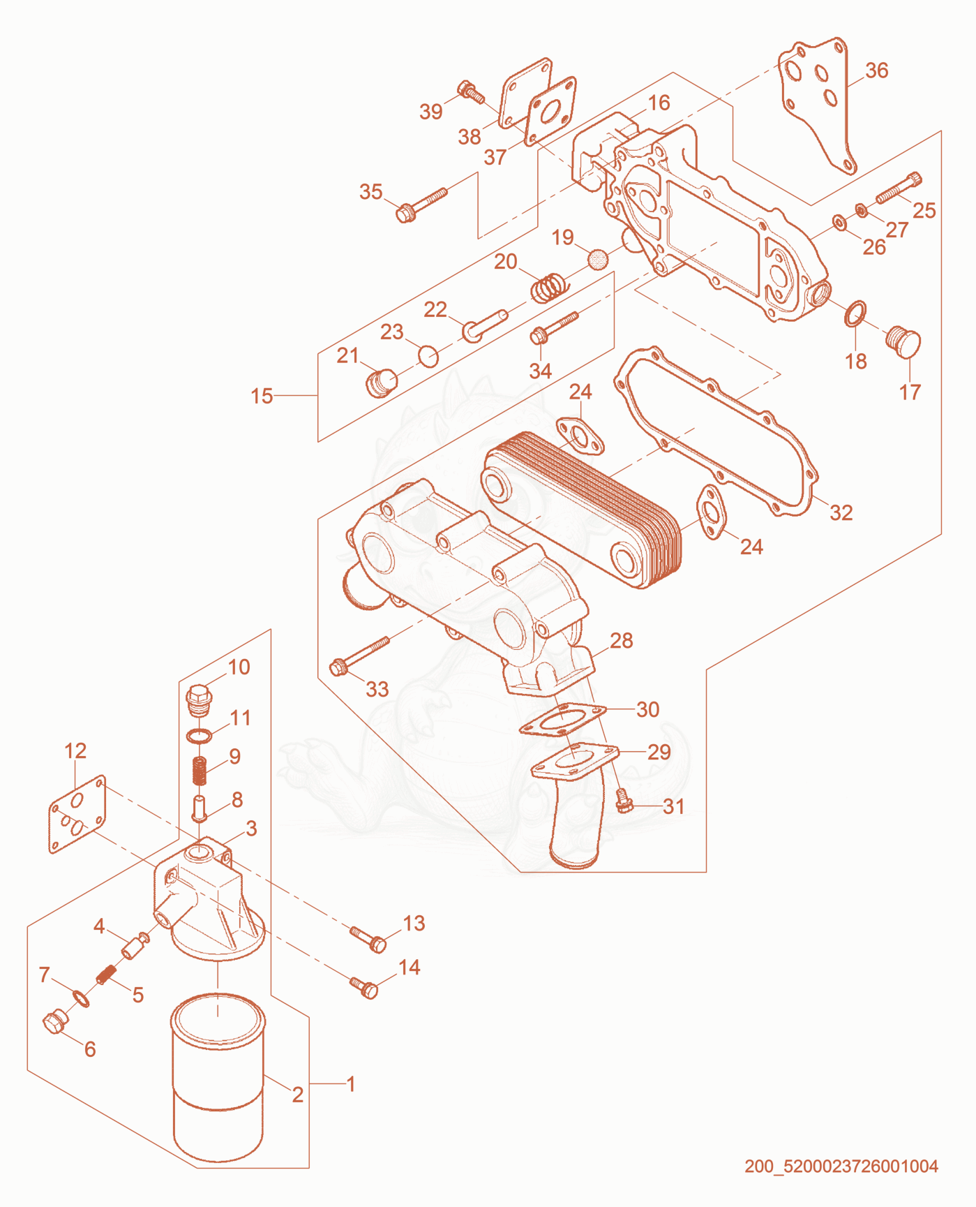 Exploded parts diagram of the Oil Cooler / Filter of a Wacker Neuson GN165, with numbered balloons