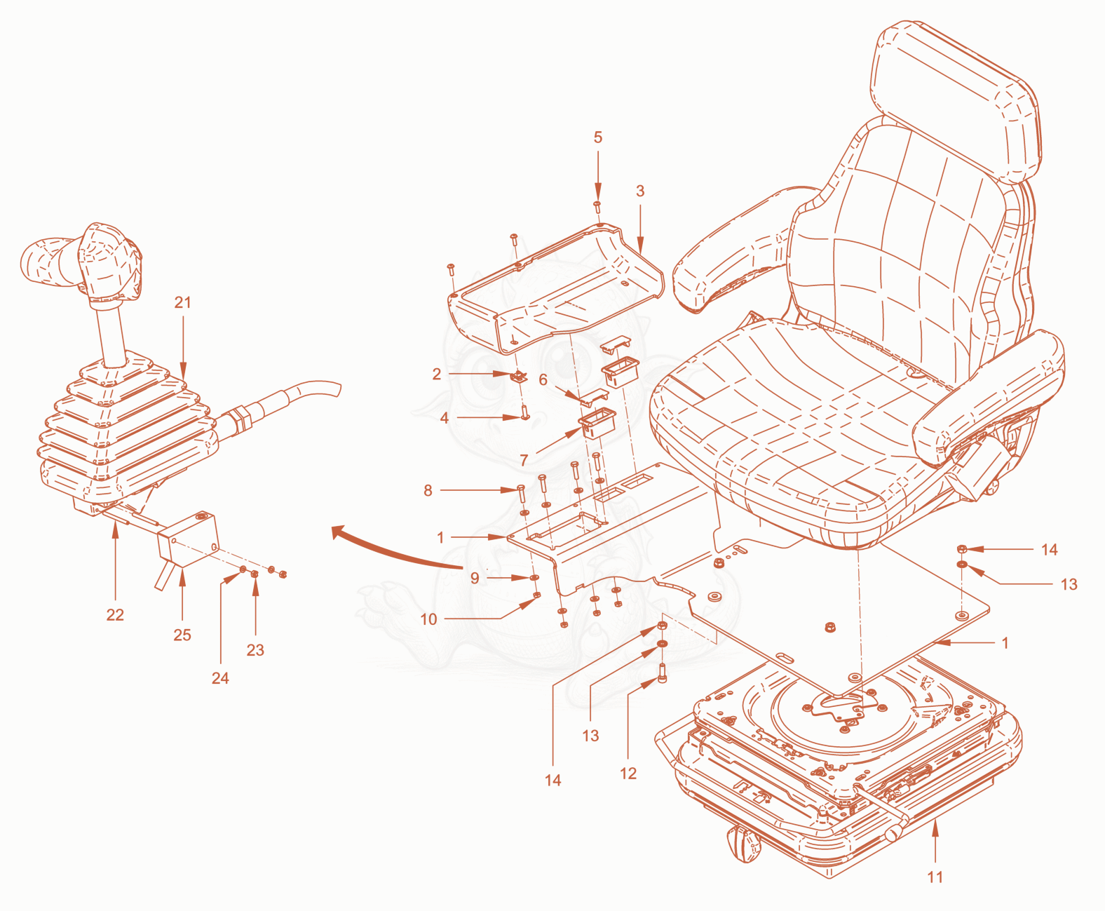 Exploded parts diagram of the operator's seat withadjustment of a Wacker Neuson RC50PDPFCAB, with numbered balloons