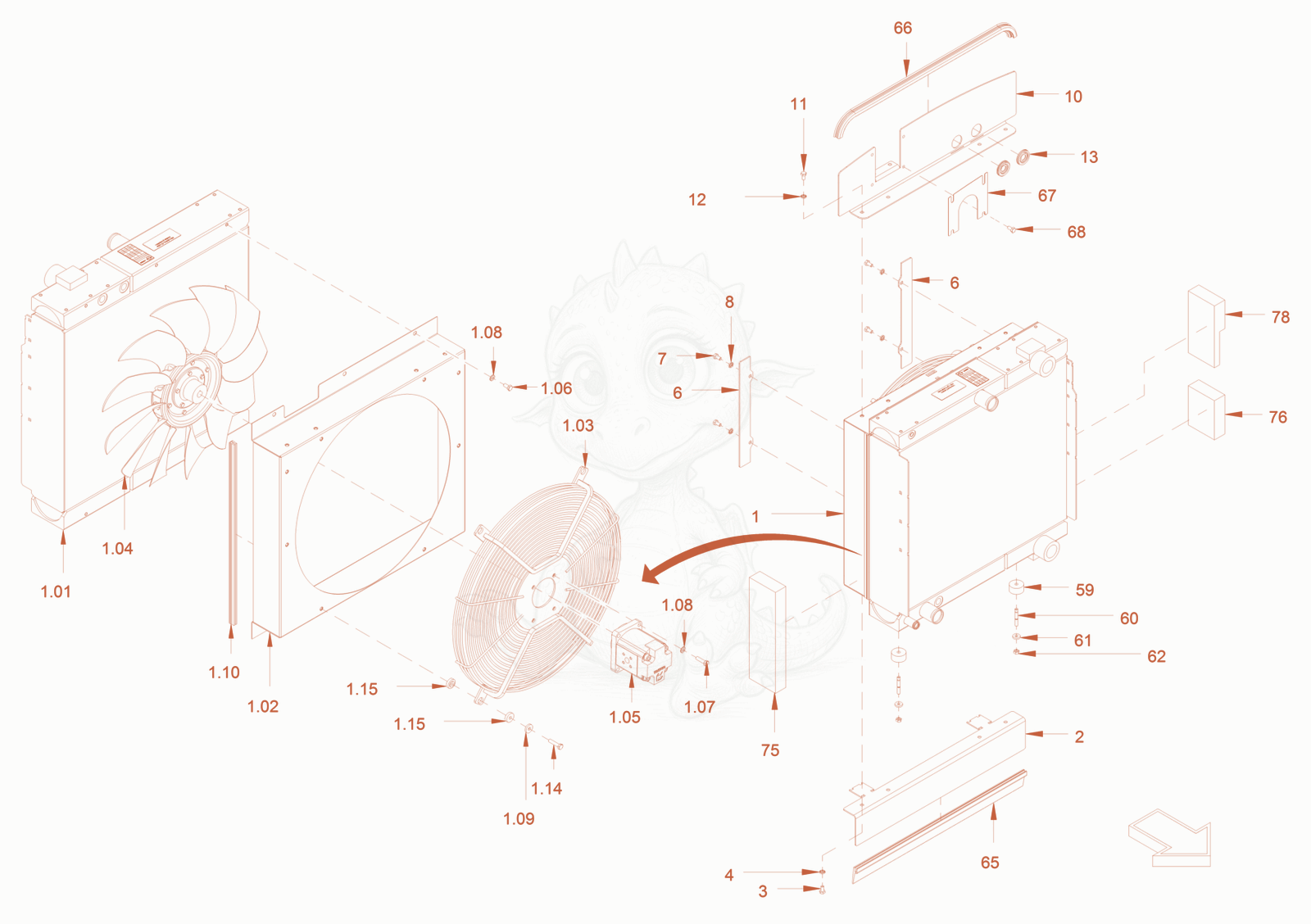 Exploded parts diagram of the cooling (engine/hydraulic oil) of a Wacker Neuson RC70PUS, with numbered balloons