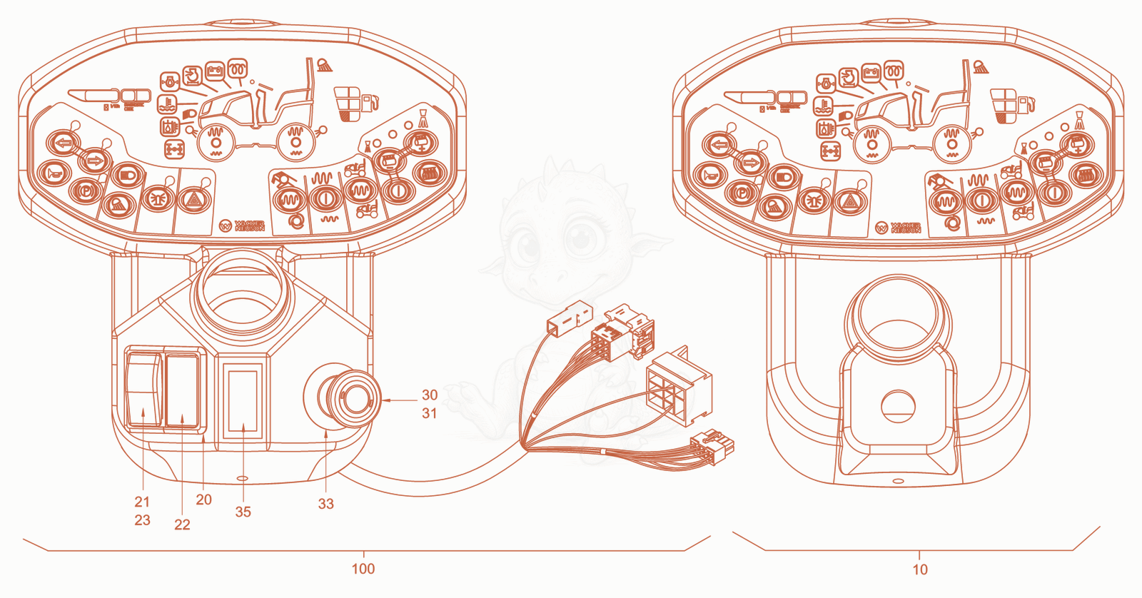 Exploded parts diagram of the instrument panel of a Wacker Neuson RD45-140C.3, with numbered balloons