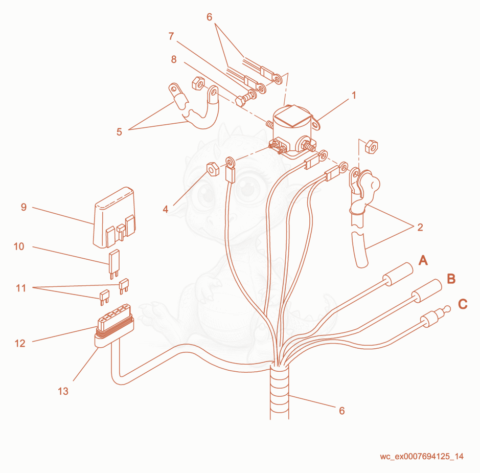 Exploded parts diagram of the Starter Wire Connection of a Wacker Neuson RD11V, with numbered balloons
