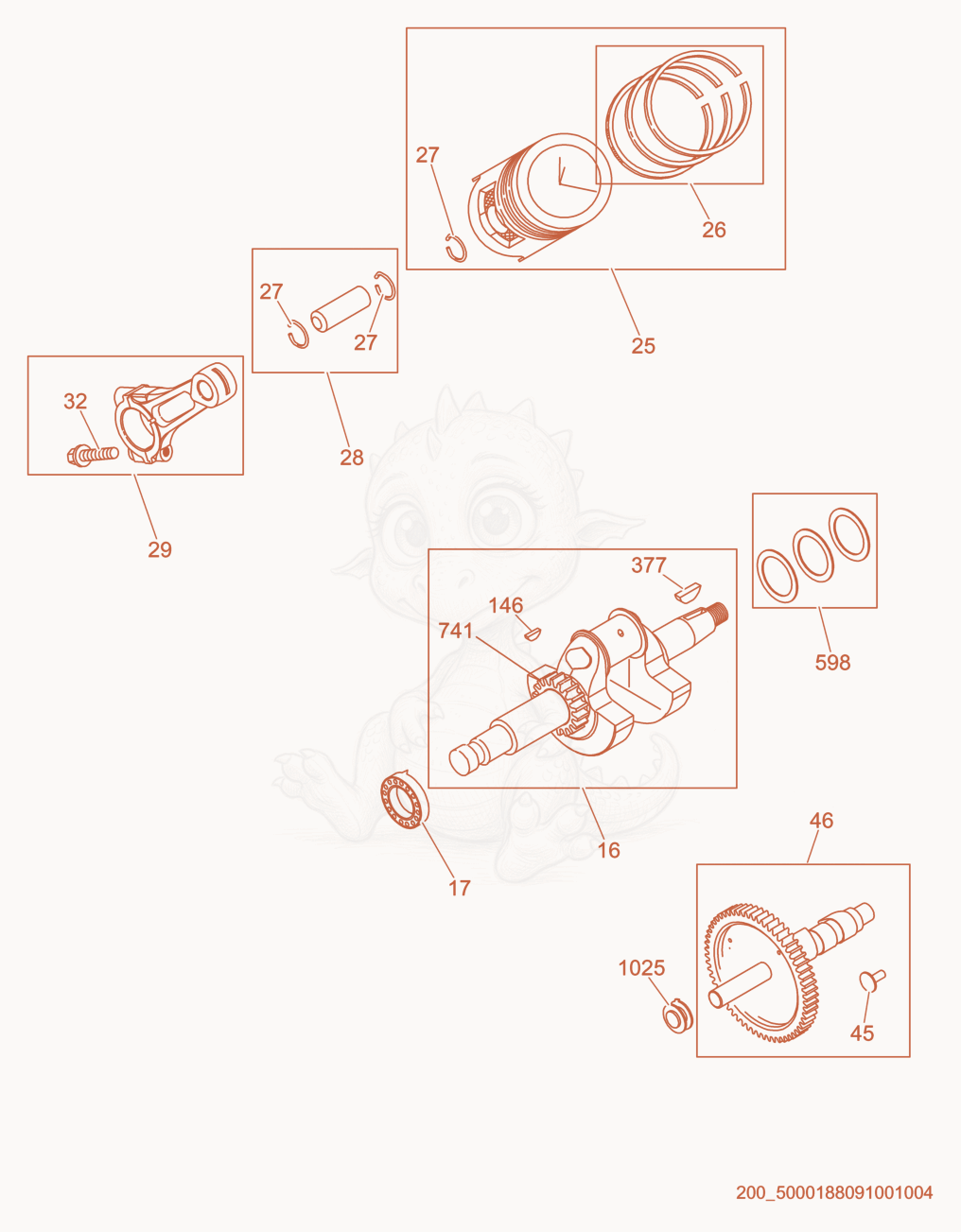 Exploded parts diagram of the Crankshaft/Piston of a Wacker Neuson PTS4V(I), with numbered balloons
