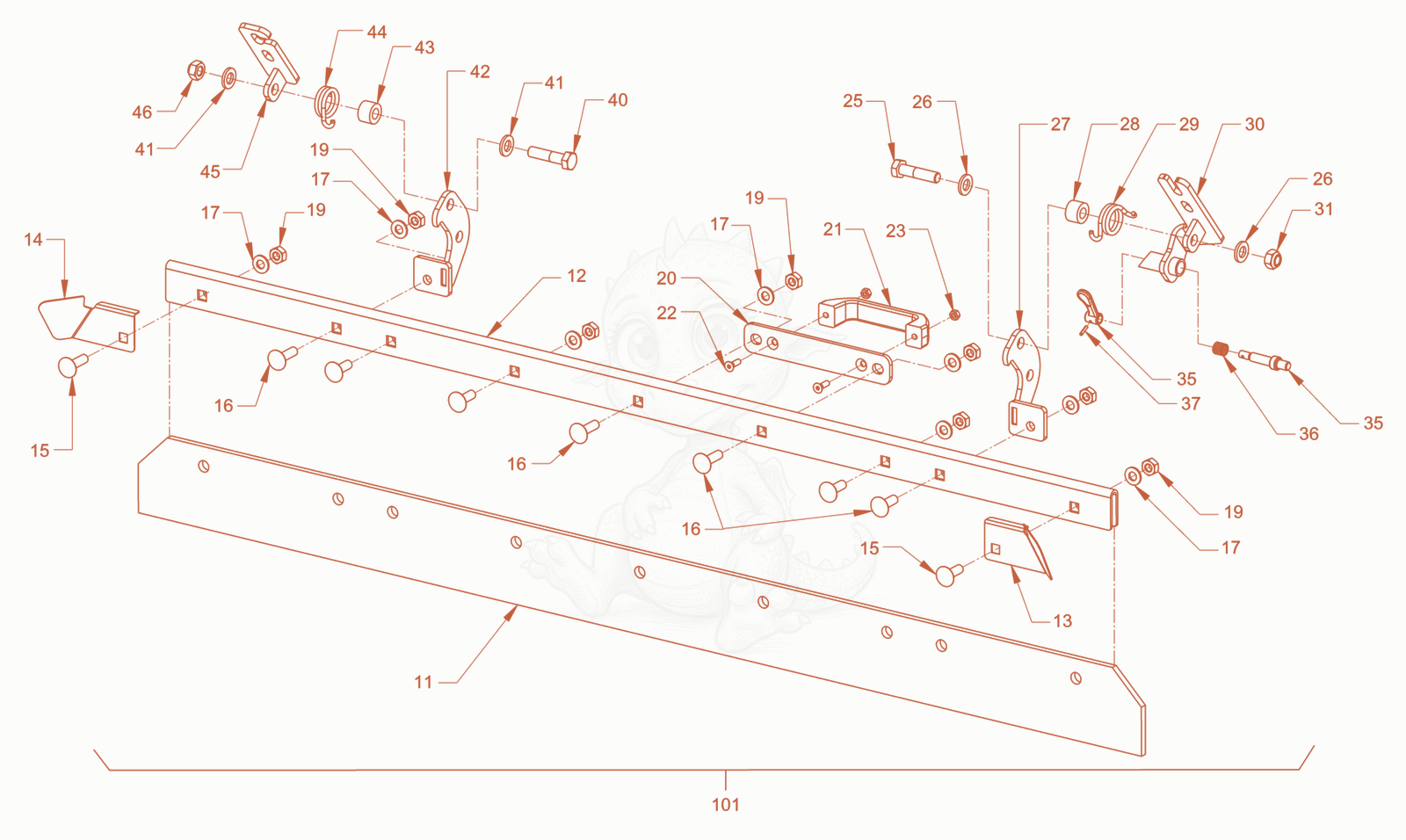 Exploded parts diagram of the foldable scraper of a Wacker Neuson RD45-140DPF, with numbered balloons