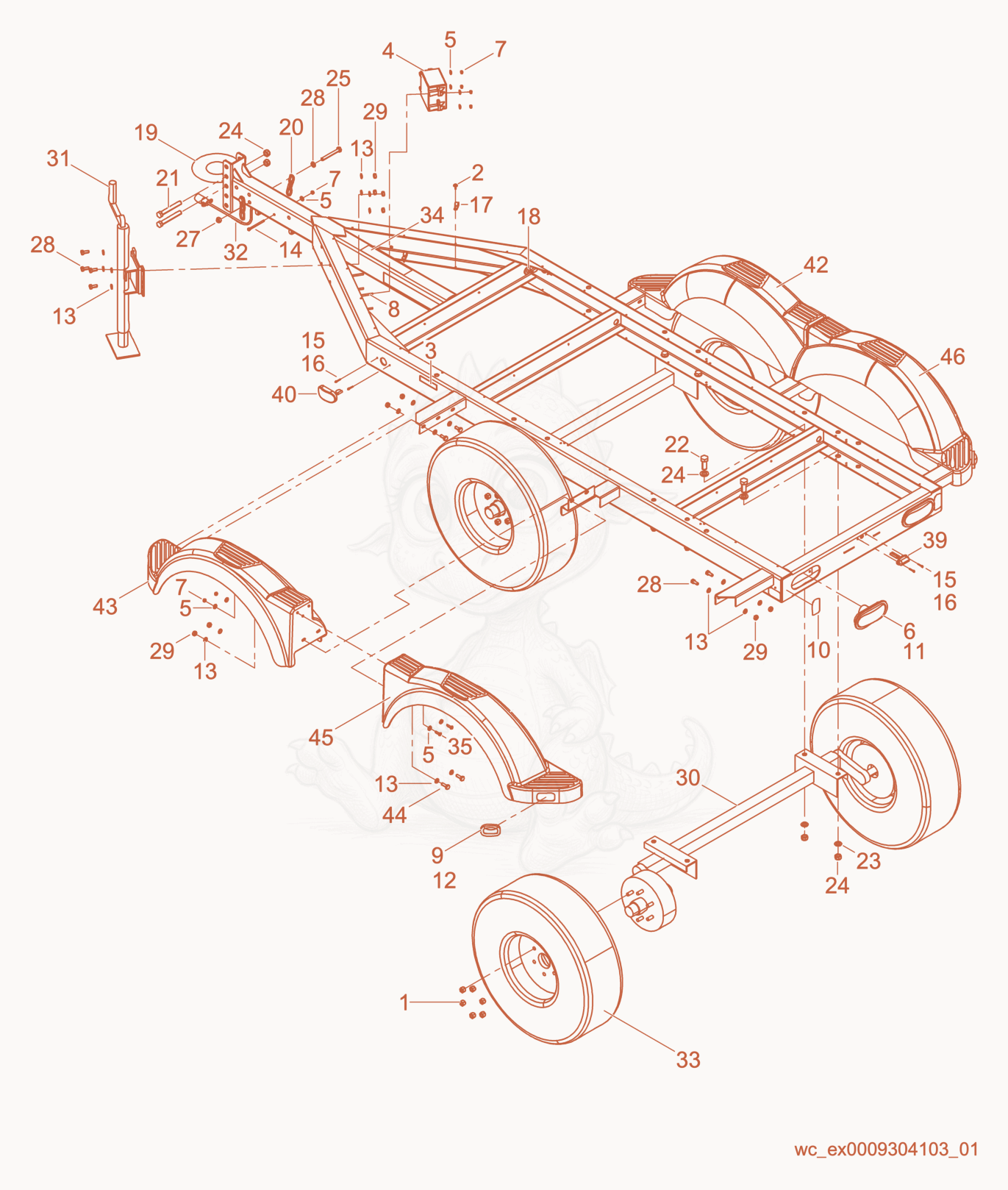 Exploded parts diagram of the Trailer Frame w/Electric Brake Tandem Axle of a Wacker Neuson G70, with numbered balloons