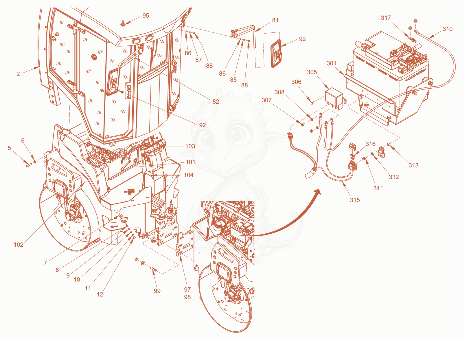 Exploded parts diagram of the Driver'S Cabin of a Wacker Neuson RD40-130.3, with numbered balloons