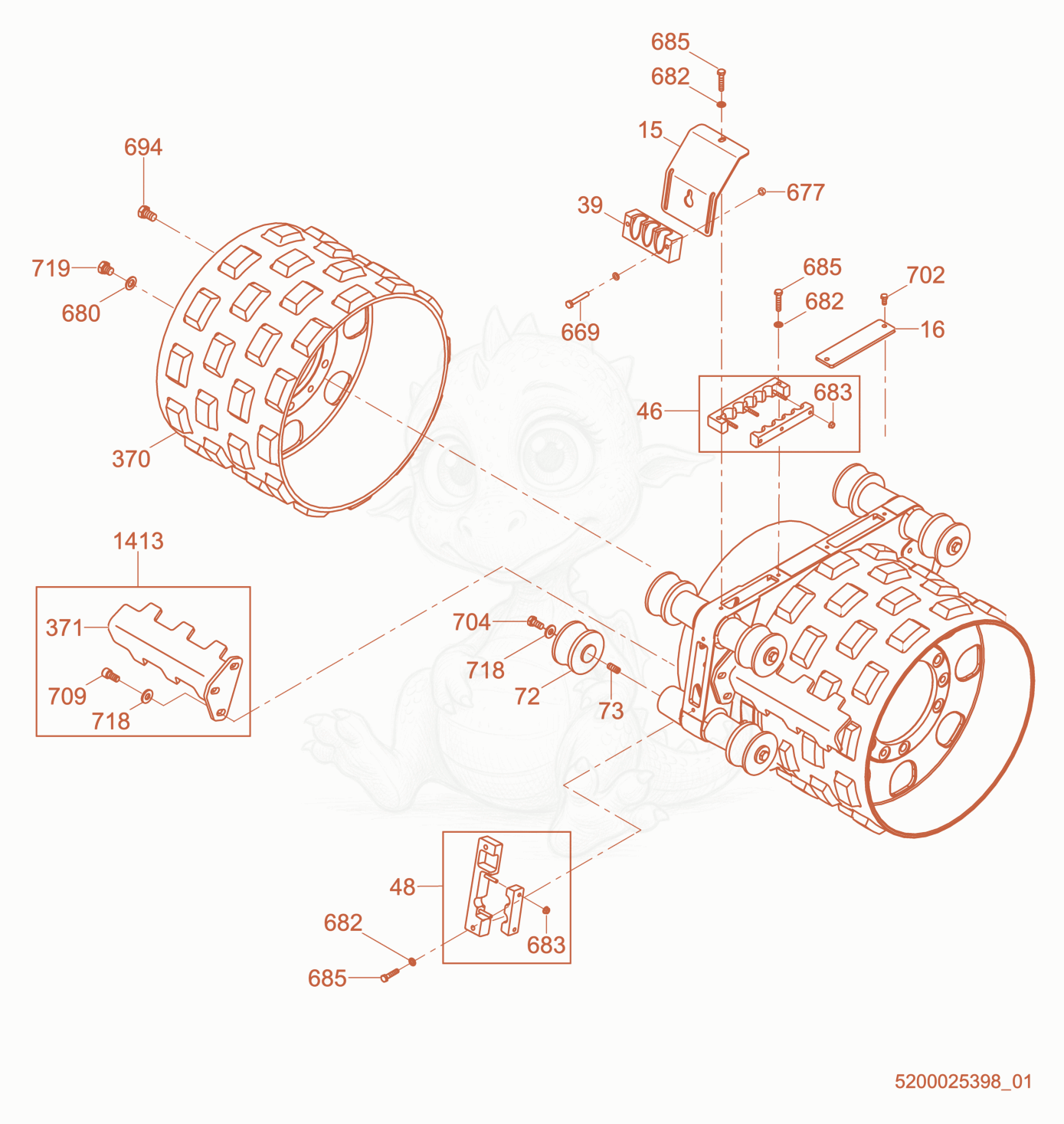 Exploded parts diagram of the Rear Drum of a Wacker Neuson RTK82-SC3, with numbered balloons