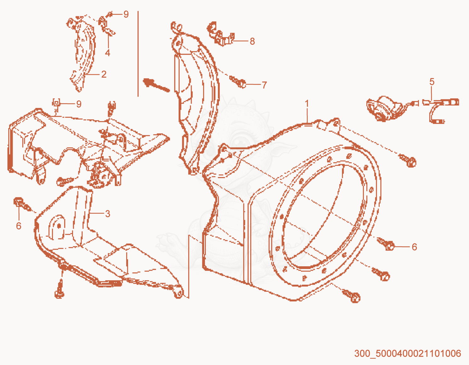 Despiece del Blower Housing de una máquina Wacker Neuson RS600A, con globos numerados