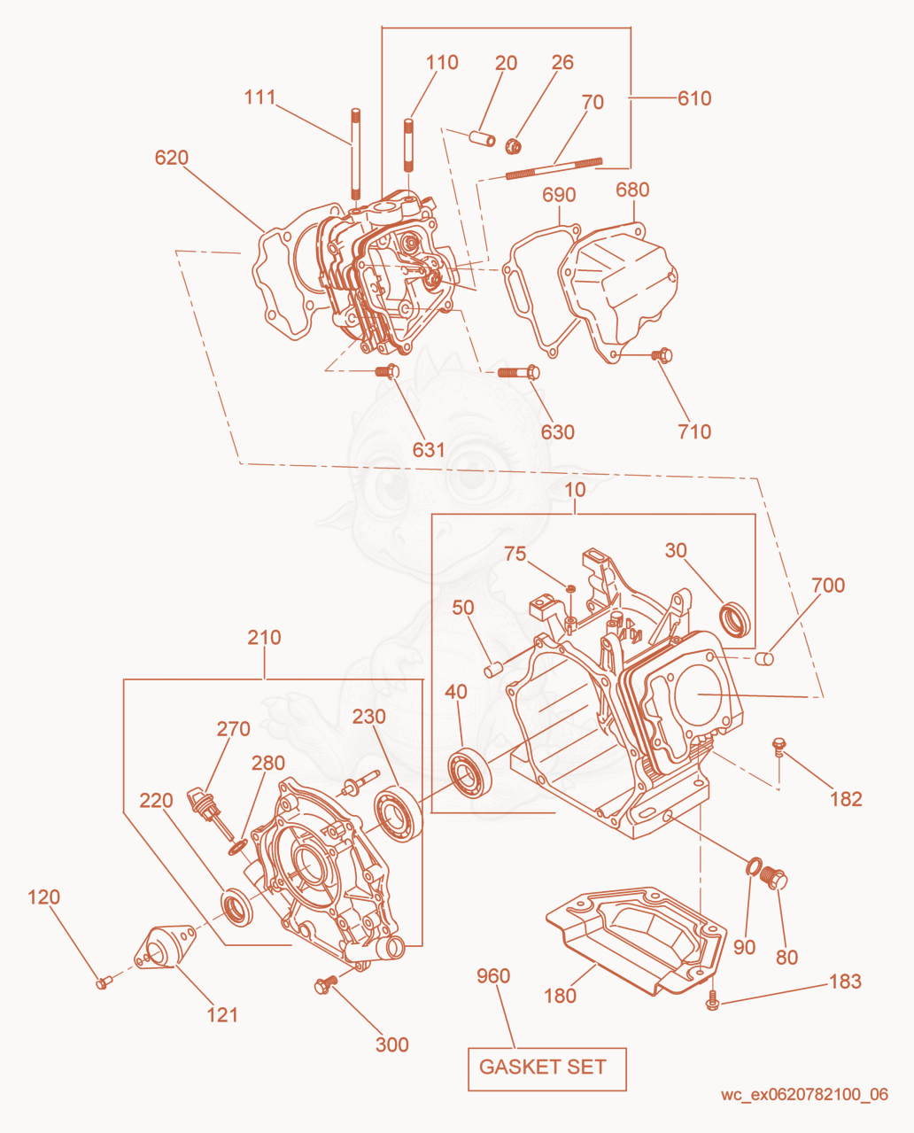 Despiece del Crankcase cpl. de una máquina Wacker Neuson GPI4300, con globos numerados