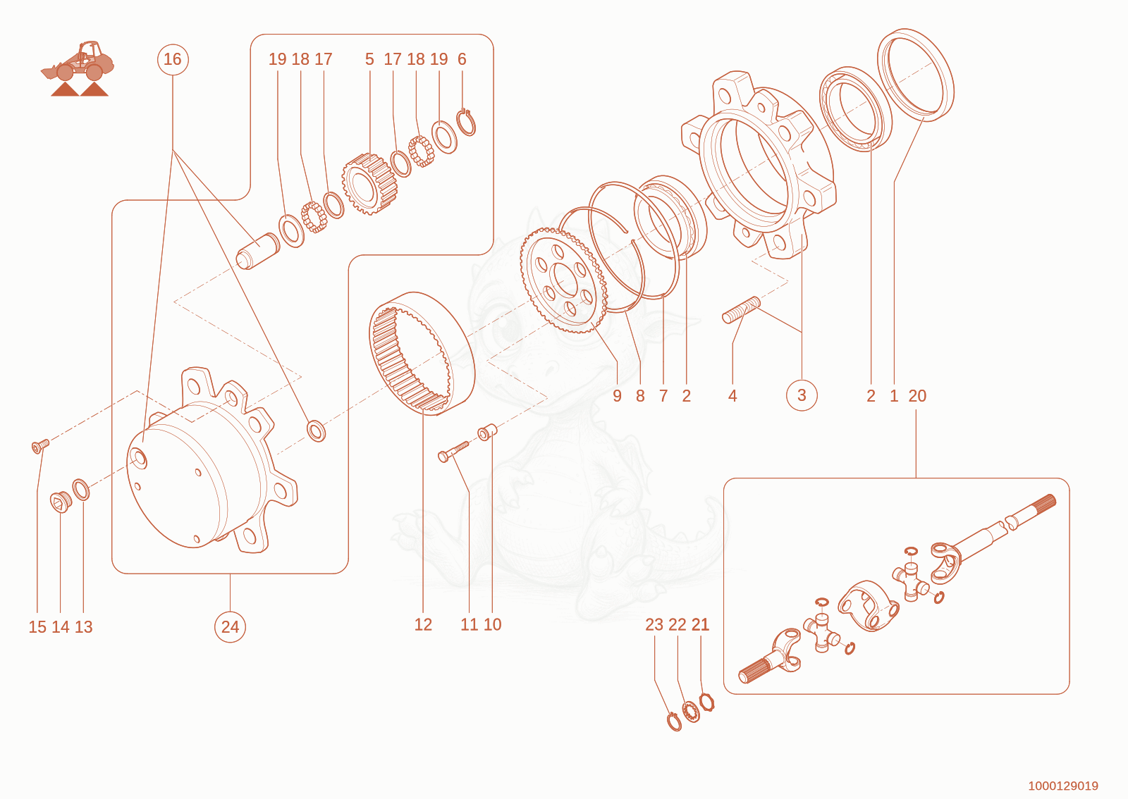 Exploded parts diagram of the wheel hub of a Wacker Neuson 280, with numbered balloons