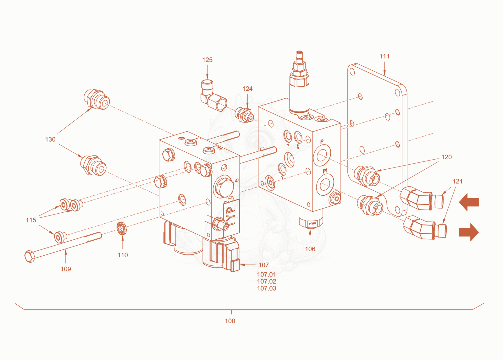 Exploded parts diagram of the edge pressing and cuttingdevice of a Wacker Neuson RD24-100CE, with numbered balloons