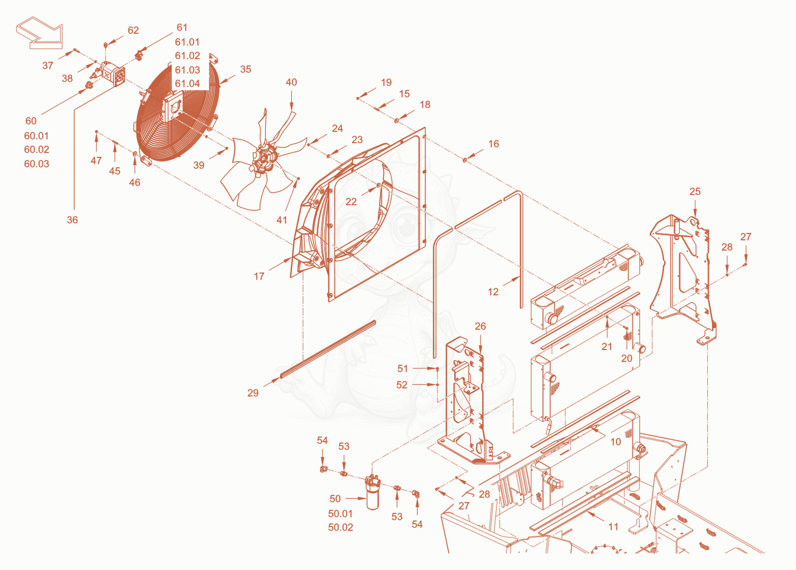 Exploded parts diagram of the cooling (engine/hydraulic oil) of a Wacker Neuson RC110ROPS, with numbered balloons