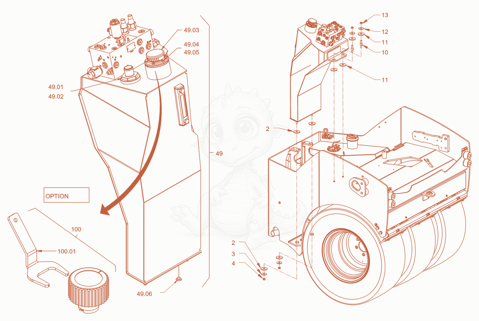 Exploded parts diagram of the Hydraulic oil tank of a Wacker Neuson RD45-140C, with numbered balloons