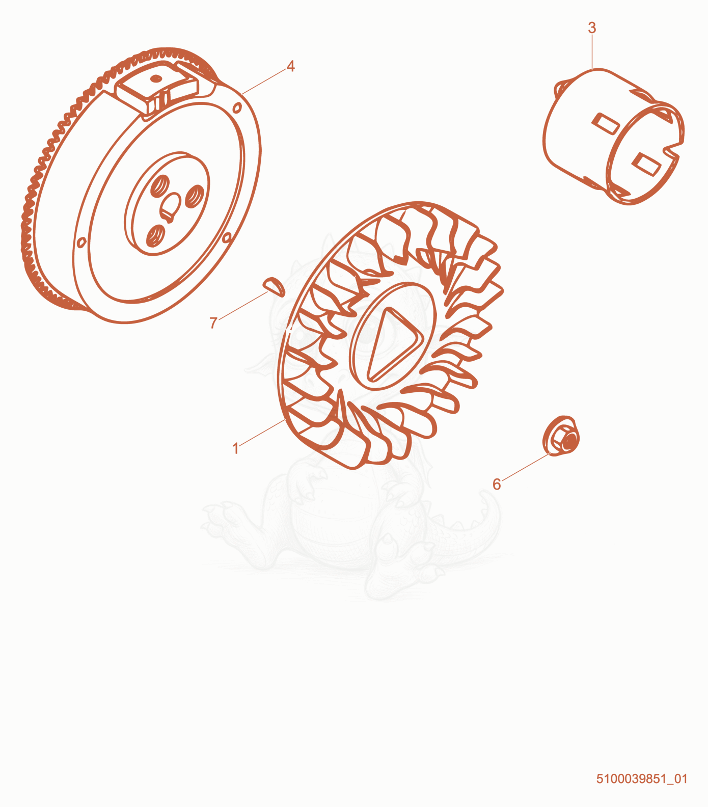 Despiece del Flywheel de una máquina Wacker Neuson PT4A, con globos numerados