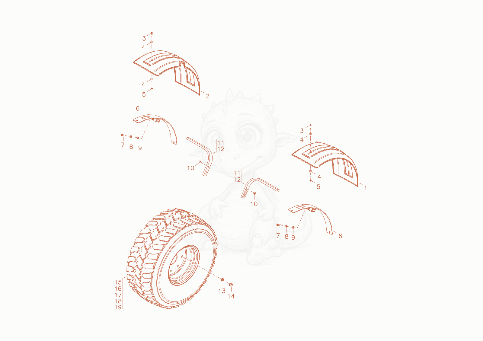 Exploded parts diagram of the tyre of a Wacker Neuson WL38, with numbered balloons