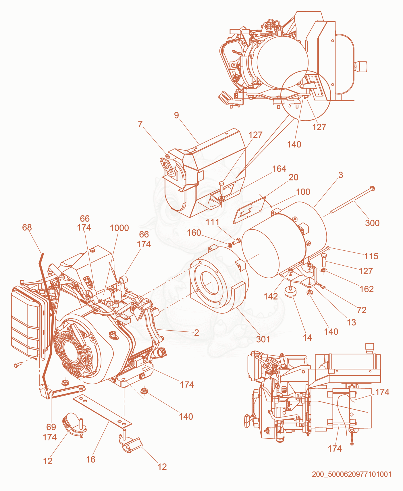 Exploded parts diagram of the Engine/Generator cpl. of a Wacker Neuson GP4000, with numbered balloons