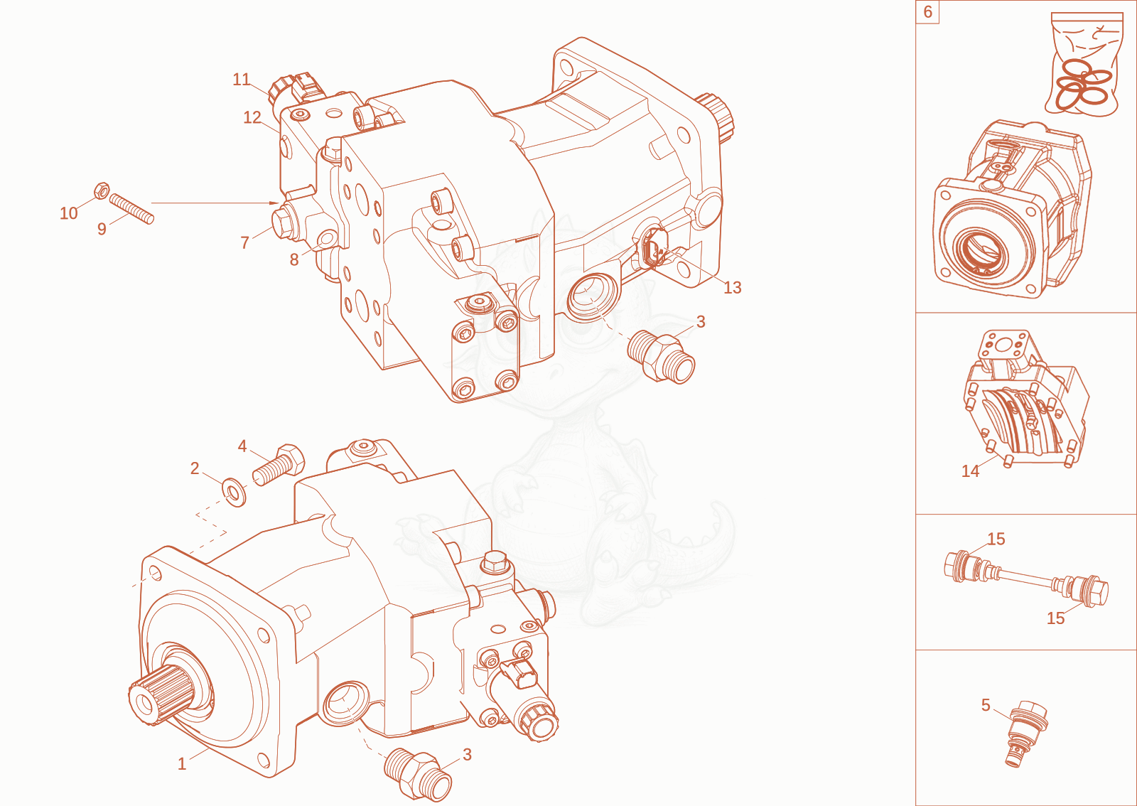Exploded parts diagram of the VARIABLE DISPLACEMENT MOTOR of a Wacker Neuson DV125, with numbered balloons